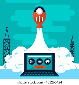 Illustration vector concept startup company start with design , code and promote.