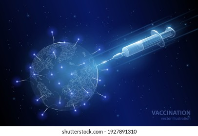 
Illustration vector concept of a syringe makes an injection to the planet earth which looks like a virus, on a dark blue background, a symbol of vaccination, medicine, pharmacology.