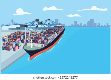 Illustration vector of Container cargo ship is loading logistics at commercial dock or international sea port with city background. Freight vessel loaded with containers docked in marine harbor. 