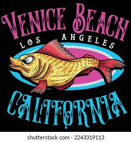 Illustration vector Cool Fish text Venice Beach Los Angeles California. Spring Summer Fashion design.