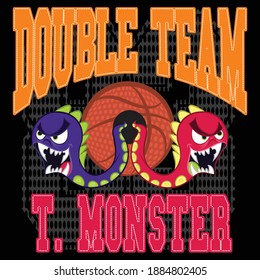 Illustration vector cool monster playing basketball design with text and background