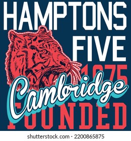 Illustration vector cool tiger with text champion five and navy background, College style