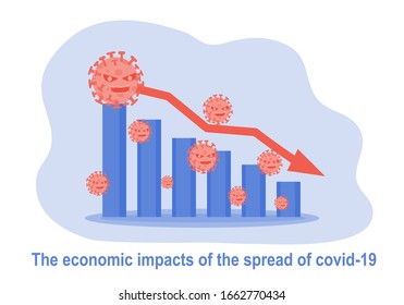 Illustration Vector Of Corona Or Covid-19 Virus Global Economic Impacts, Economy Graph Chart Down Because Corona Or Covid Virus.