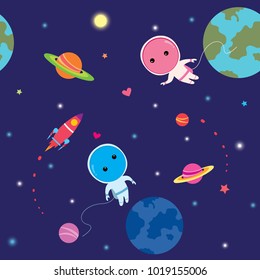 Illustration vector of couple astronauts flying on galaxy space decorated with rocket, earth and star design for seamless pattern.