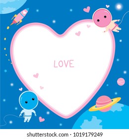 Illustration vector of couple astronauts flying on galaxy space decorated with rocket, earth and star design for Valentine's day.