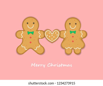 Illustration vector couple love of cute gingerbread man and woman with heart cookie on greeting card background