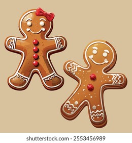 Illustration vector couple love of cute gingerbread man and woman, greeting card background