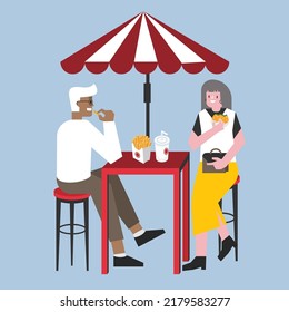 ilustración de amor de pareja vectorial con hamburguesa de comida rápida y frito al aire libre.
