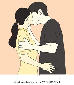 Illustration vector of A couple in love kissing. A guy and a girl hug each other. In the painting inspired by one of the scenes from a famous Korean drama.