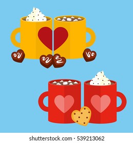 Illustration Vector Couple Mug Of Hot Chocolate And Piece Of Bite Size Heart Shaped Chocolate And Cookie. 