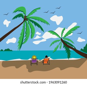 Illustration vector of Couple sitting in deck chairs on beach at tropical resort