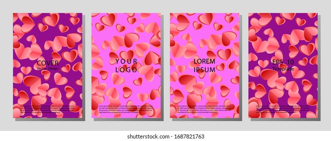 Illustration vector of cover books design with pattern set. Template cover of a copybook with an trendy design: colorful hearts pattern. Vector illustration.