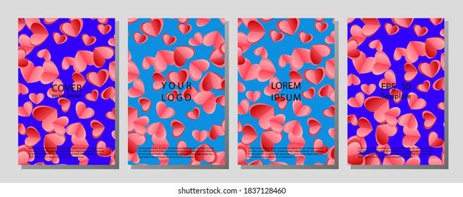 Illustration vector of cover books design with pattern set. Template cover of a copybook with an trendy design: colorful hearts pattern. Brochures design for promo flyers or covers in A4 format size.