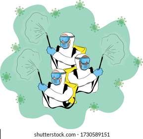 Illustration Vector : Covid 19 Pandemic Frontliner Wearing PPE For Sanitizing, Bleach Spray Or Disinfecting Virus .