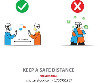 illustration vector : Covid 19 pandemic effect on muslim eid ul fitr/eid. safe distancing muslim people on Covid 19 Pandemic. Right and wrong.