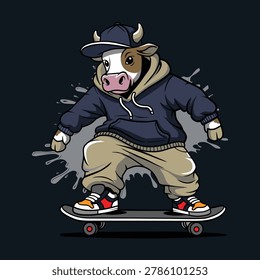 Illustration Vector of a Cow Character Playing Skateboard Wearing a Hoodie