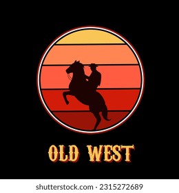 illustration vector of cowboy with horse silhouette in sunset, old west, perfect for print, etc
