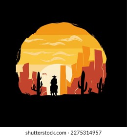 illustration vector of cowboy ride horse at sunset scenery perfect for print,apparel,etc