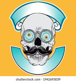 Illustration vector Crazy Skull with funny eyes and background in tattoo style