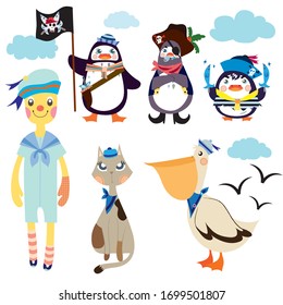 illustration, vector, creative, design, sea, cean, port, harbor, dock, landing, wharf, quay, penguin, pirate,cat, doll, little boy, pelican, cloud, Seagull