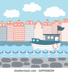 Illustration, Vektorillustration, Kreativität, Design, Meer, Meer, Hafen, Hafen, Hafen, Anlegestelle, Landung, Kai
