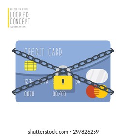 Illustration vector credit card are bound with chains and locked with a padlock flat style.