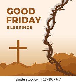 Illustration Vector Cross with Crown of Thorns Jesus Christ. 
Good Friday. Indonesian Translation : Jumat Agung.
Suitable for Greeting Card, Poster & Banner.