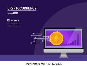 Illustration vector of Cryptocurrency and Blockchain concept. Farm for mining Ethereum. Digital money market, investment, finance and trading. Perfect for web design, banner and presentation.