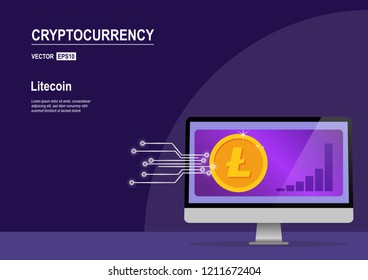 Illustration vector of Cryptocurrency and Blockchain concept. Farm for mining Litecoin. Digital money market, investment, finance and trading. Perfect for web design, banner and presentation.
