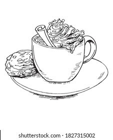 Illustration, vector.
Cup of coffee with cream and cookies.