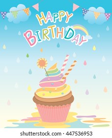 Illustration vector of cupcake in the creamy rain with rainbow on raining background for happy birthday card