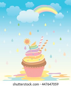 Illustration vector of cupcake in the creamy rain with rainbow on raining background.