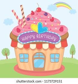 Illustration vector of cupcake house design for Birthday card.