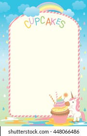 Illustration vector of cupcake and unicorn  in the creamy rain with rainbow on raining background for menu and recipe template.Blank for your text or message.