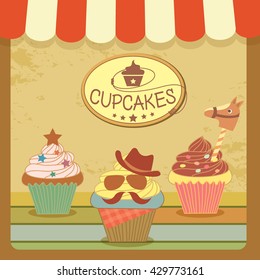 Illustration vector of cupcakes cafe with cowboy theme concept party.Pastel and colorful.