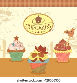 Illustration vector of cupcakes with cowboy theme concept party.Design for Bakery cafe or cakes shop.