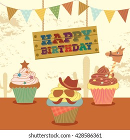 Illustration vector of cupcakes with cowboy theme concept party.Design for birthday card.