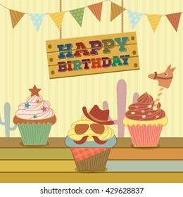 Illustration vector of cupcakes with cowboy theme concept party.Design for birthday card.Pastel and colorful.