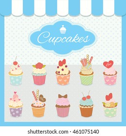 Illustration vector cupcakes menu for blue bakery cafe shop.