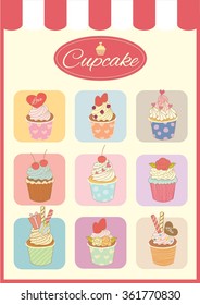 Illustration vector cupcakes menu in the colors box.