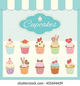 Illustration vector cupcakes menu for cyan bakery cafe shop.