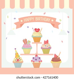 Illustration vector of cupcakes menu design for birthday card and party.Pastel colors pink background.