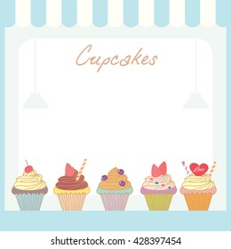 Illustration vector of cupcakes menu template design in cafe shop with space for your message.Sweet pastel colors.Blue border