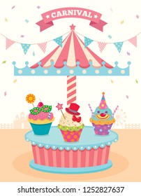 Illustration vector of cupcakes merry go round booth in theme park festival party background.