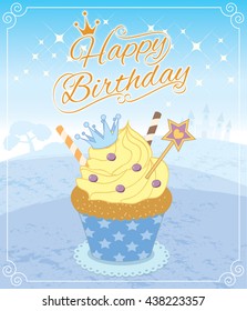 Illustration vector of cupcakes in princess theme concept for happy birthday card.Sweet blue background color.