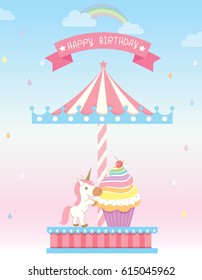 Illustration vector of cupcakes with unicorn in circus booth on rainy background with rainbow for birthday card.