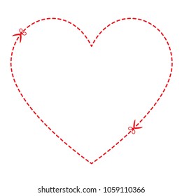 Illustration vector of a cut out red heart symbol shape with scissors, greeting card for St. Valentine's Day