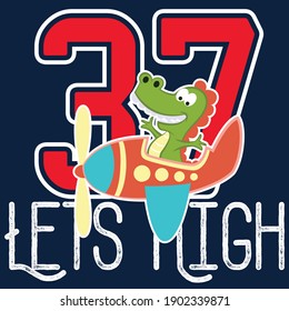 Illustration vector cute alligator with airplane and text cartoon with background