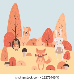 Illustration vector cute animals in autumn forest with mushrooms.