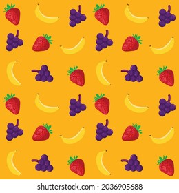 Illustration Vector Cute  Banana, Stawberry, Grape Pattern Background Design. Modern Minimal Vector Design Background.